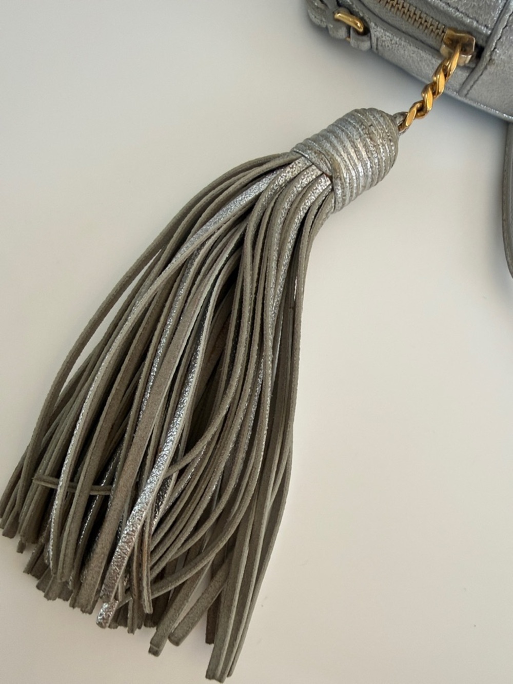 Saint Laurent Metallic Silver Camera Crossbody with Fringe Zipper Pull - Picture 2 of 12